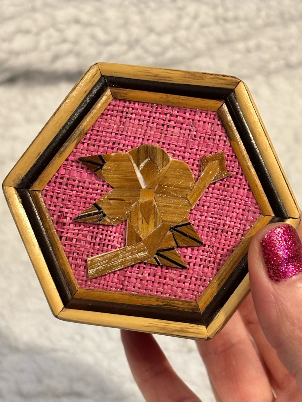 Vintage Hexagon Bamboo Woven Raffia Jewelry Trinket Box Pink Red Felt MCM